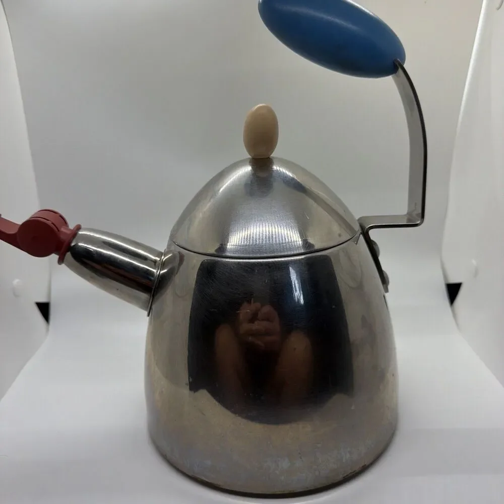 Vintage Tea Kettle Michael Graves Design EGG Handle Red Whistle Stainless-signed